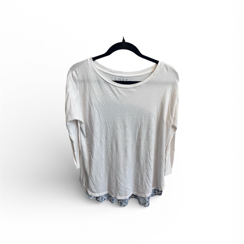 LOFT Cream Long Sleeve Scoop Neck Top with Lace Hem